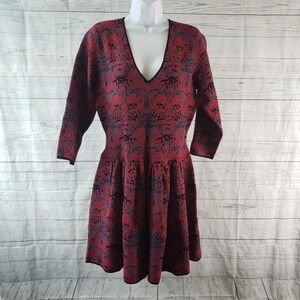 Marchesa Voyage Womens Jacquard Knitted Dress Sz XL Garnet Navy V-Neck